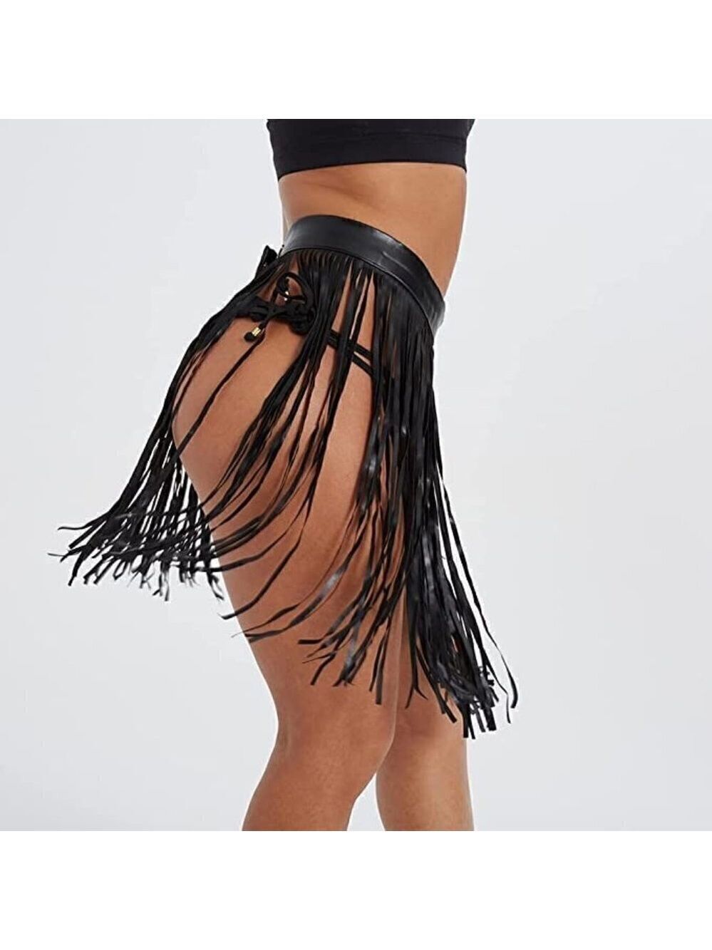 𝅺black Leather Waist Belt Tassel Dance Rave Cosplay Bondage BDSM NWT